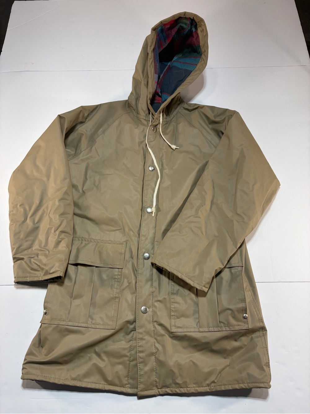 Vintage Thermal-Slicks by Essex Tan Plaid Lined Hooded Raincoat Jacket Size 10